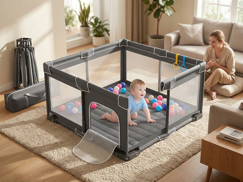 Parent at the kitchen counter glancing through the mesh wall at a baby playing inside the playpen