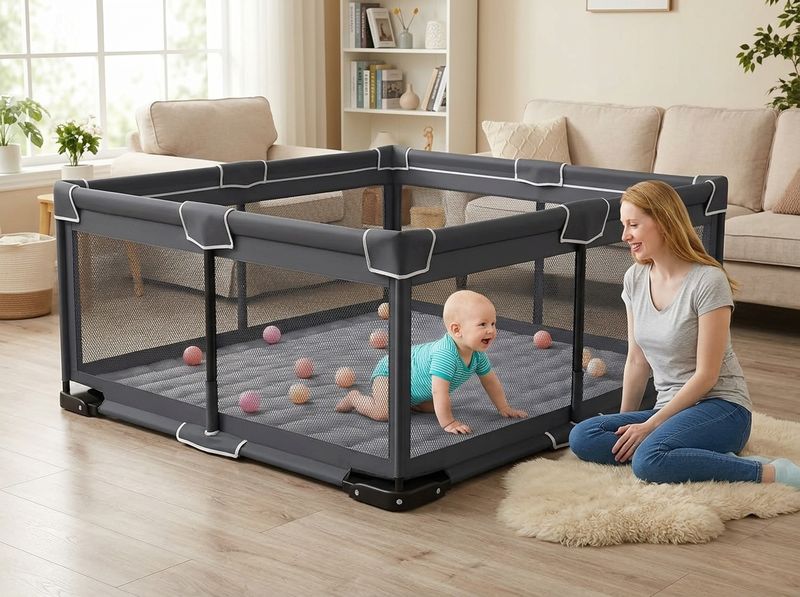 Larger ICAREWAY playpen with two toddlers playing inside