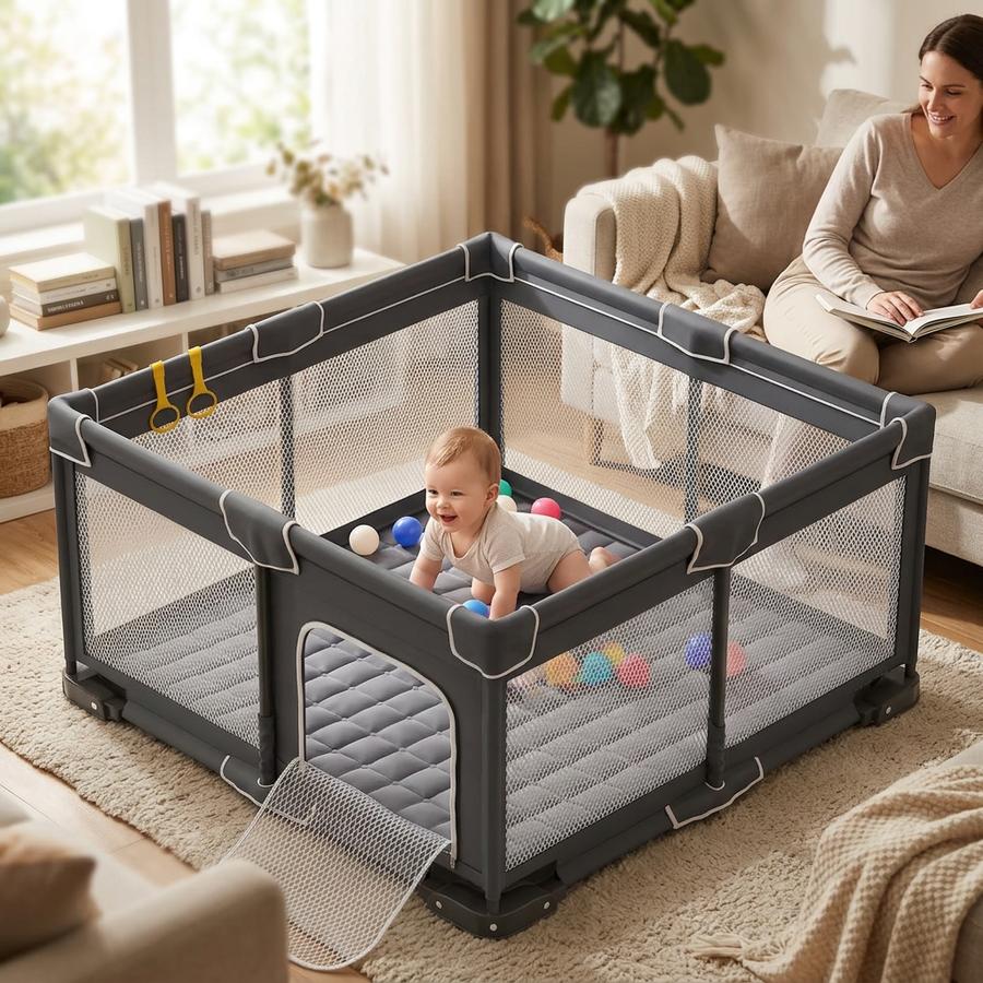 Baby gripping a pull-up ring and standing against the mesh wall inside the playpen