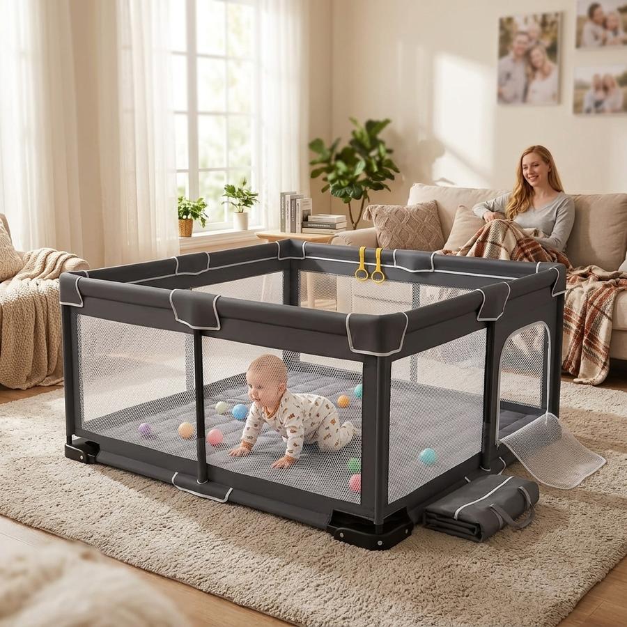 Toddler leaning full weight on the mesh side of the playpen while the frame stays square